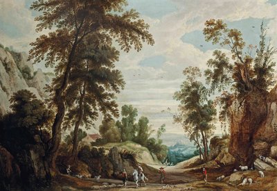 Eine bewaldete Landschaft mit einer Figur zu Pferd und Hirten mit ihrer Herde auf einem Pfad, eine Burg im Hintergrund von Jan Wildens